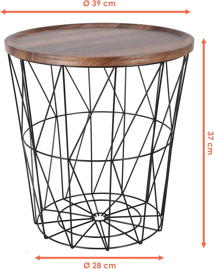Design Beistelltisch - Metall Korb mit Holz Deckel - dekorativer Sofatisch inkl. Korbablage Schwarz