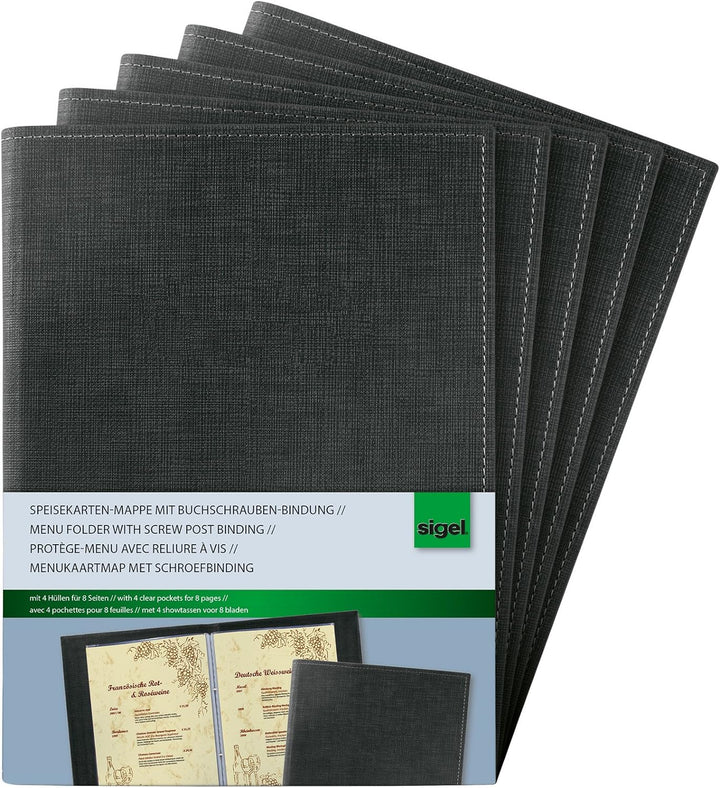 SIGEL SM135/5 Speisekarten-Mappen / Dokumentenmappen mit Buchschrauben-Bindung für A5, 5-er Pack, sc