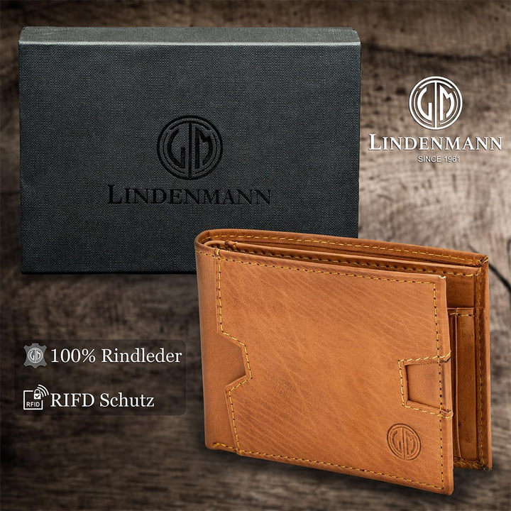 LINDENMANN Geldbörse Herren Portemonnaie Herren Leder, Rindleder matt, RFID-Schutz, cognac