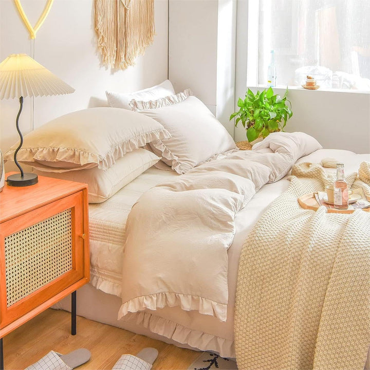 Freyamy Bettwäsche 155x220cm 2teilig Beige Rüschen Romantisch Mädchen Bettwäsche Uni Plisseefalten C