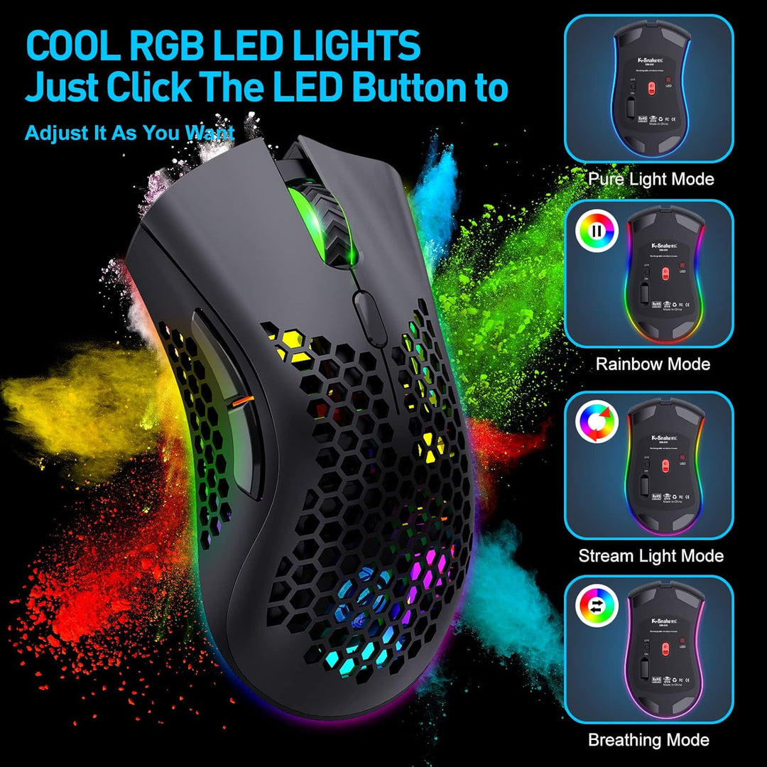 JYCSTE Kabellose leichte Gaming-Maus, ultraleichte Wabenmäuse mit RGB-Hintergrundbeleuchtung, 7 Tast