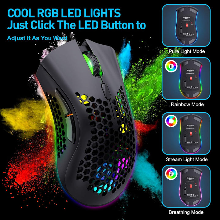 JYCSTE Kabellose leichte Gaming-Maus, ultraleichte Wabenmäuse mit RGB-Hintergrundbeleuchtung, 7 Tast