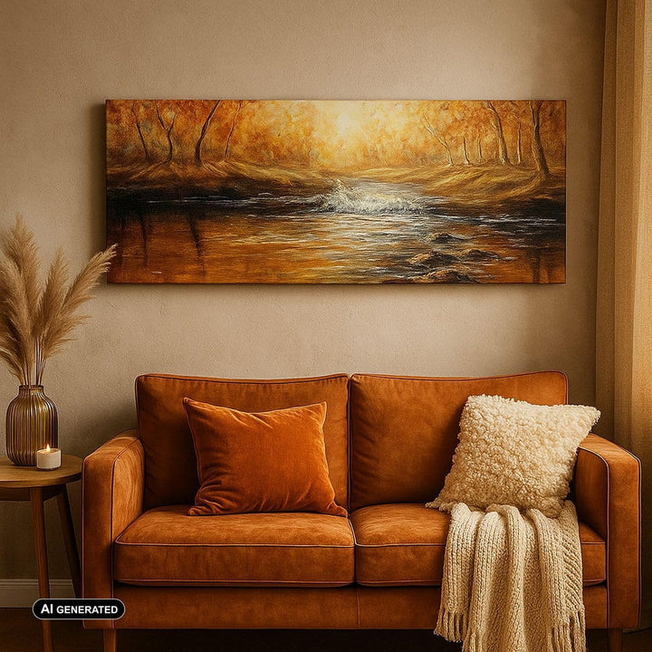 Wandbilder Dekoration Wohnzimmer Bach Park Baum Panorama Bilder auf Leinwand 120x50cm Leinwandbild m