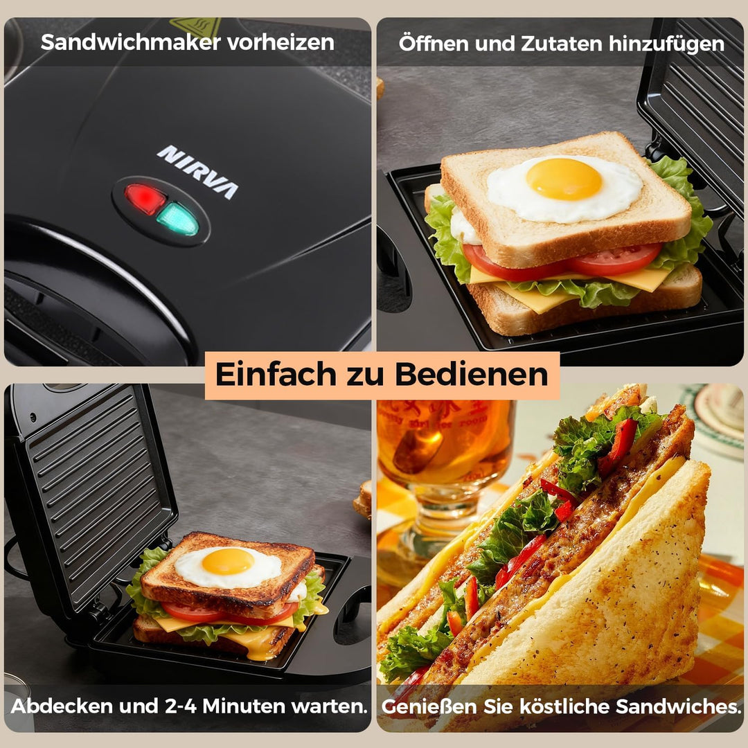 Nirva Doppel Sandwichmaker - 750 W, BPA-frei & Antihaftbeschichtung, klassische Streifenform für 2 S