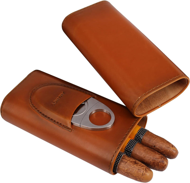 AMANCY Zigarrenetui, für 3 Finger, Leder, mit Zedernholz, mit silberfarbenem Edelstahlschneider, Bra