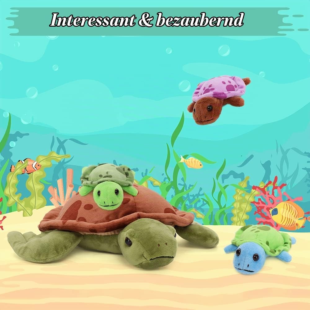 MorisMos 32cm Plüsch Kuscheltier Schildkröte mit 3 Baby im Panzer, 4 Stücke Süss Kuschelig Schildkrö