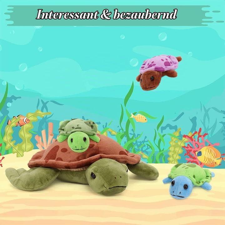 MorisMos 32cm Plüsch Kuscheltier Schildkröte mit 3 Baby im Panzer, 4 Stücke Süss Kuschelig Schildkrö