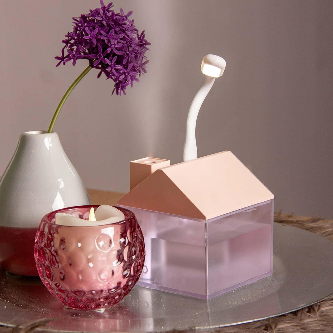Hellum Luftbefeuchter dekorativ, tragbarin rosa, Diffuser in Form eines Haus 8,4x9,5cm gross, süsser