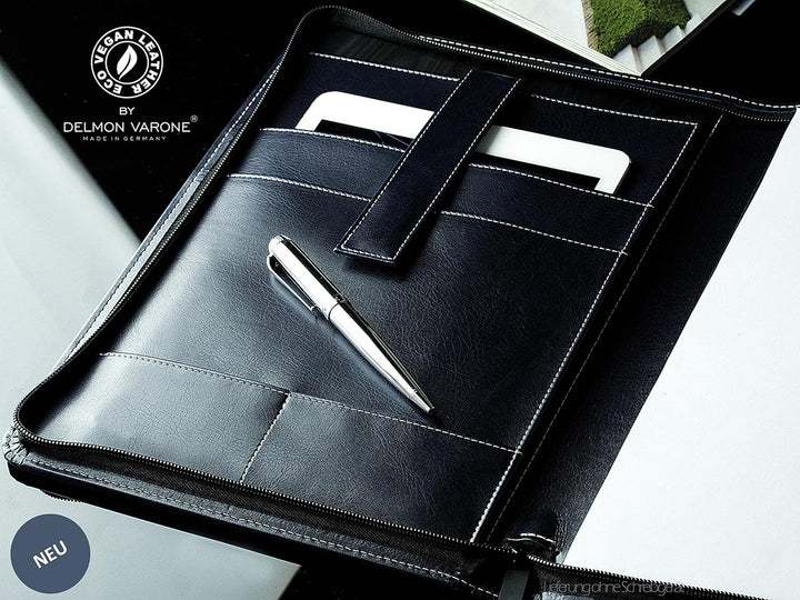 DELMON VARONE - Tablet Schreibmappe mit Reissverschluss inkl. Notizblock DIN A4 aus veganem Eco Kuns