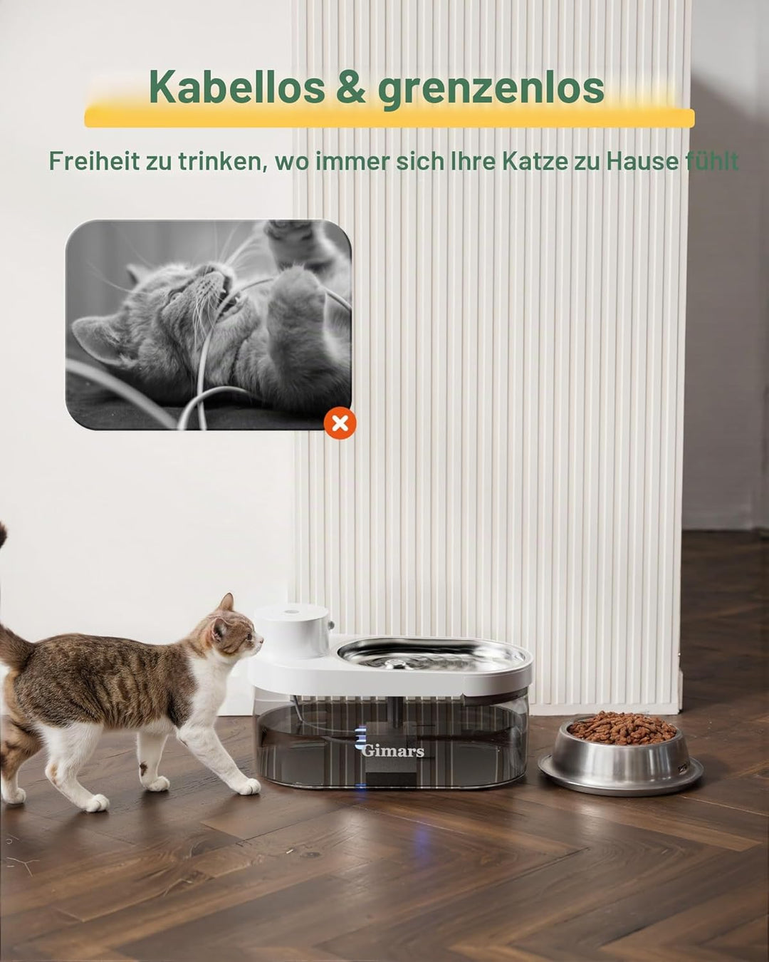 Gimars 4L UltraLeiser BPA-frei Katzenbrunnen Kabellos mit Bewegungsmelder, 5000mAh Akku, Trinkbrunne