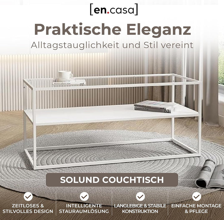 [en.casa] Couchtisch Solund Beistelltisch mit Glasplatte Metall Weiss matt Wohnzimmertisch mit Staur