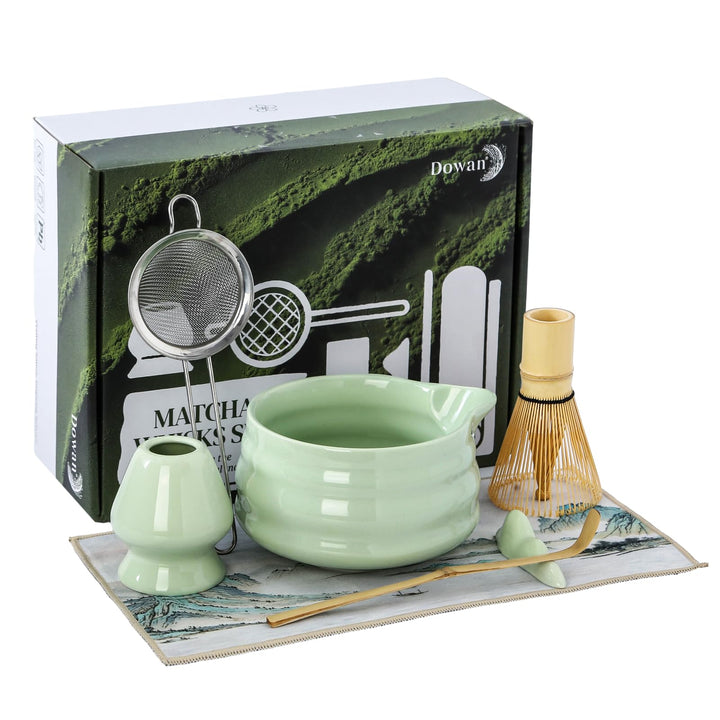 DOWAN Matcha Set, 7 Stück Matcha Tee Set, Matcha Zubehör Grün, Matcha Besen Set Keramik, Matcha Scha