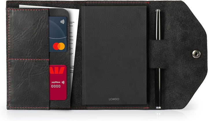 Londo Echtleder Schreibmappe Konferenzmappe mit Notizblock Notizblock und Schloss Schwarz S, Schwarz