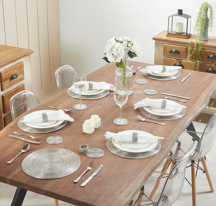 Penguin Home® Set von 12 Tischsets mit Glasperlen, Untersetzer und Serviettenringe - silberfarben -