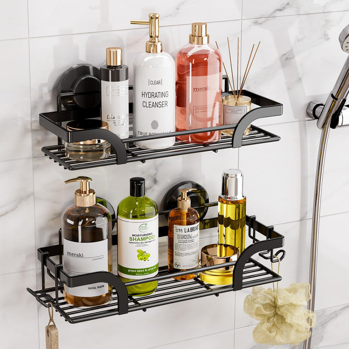 TAILI Duschablage Ohne Bohren, Einstellbar Dusche Caddy Saugnapf 2er Set Dusche Zubehör mit Haken Ro