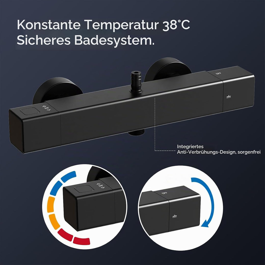 HOMELODY Duscharmatur mit Thermostat &amp; Duschablage - Duscharmatur Komplettset Schwarz mit Handbrause