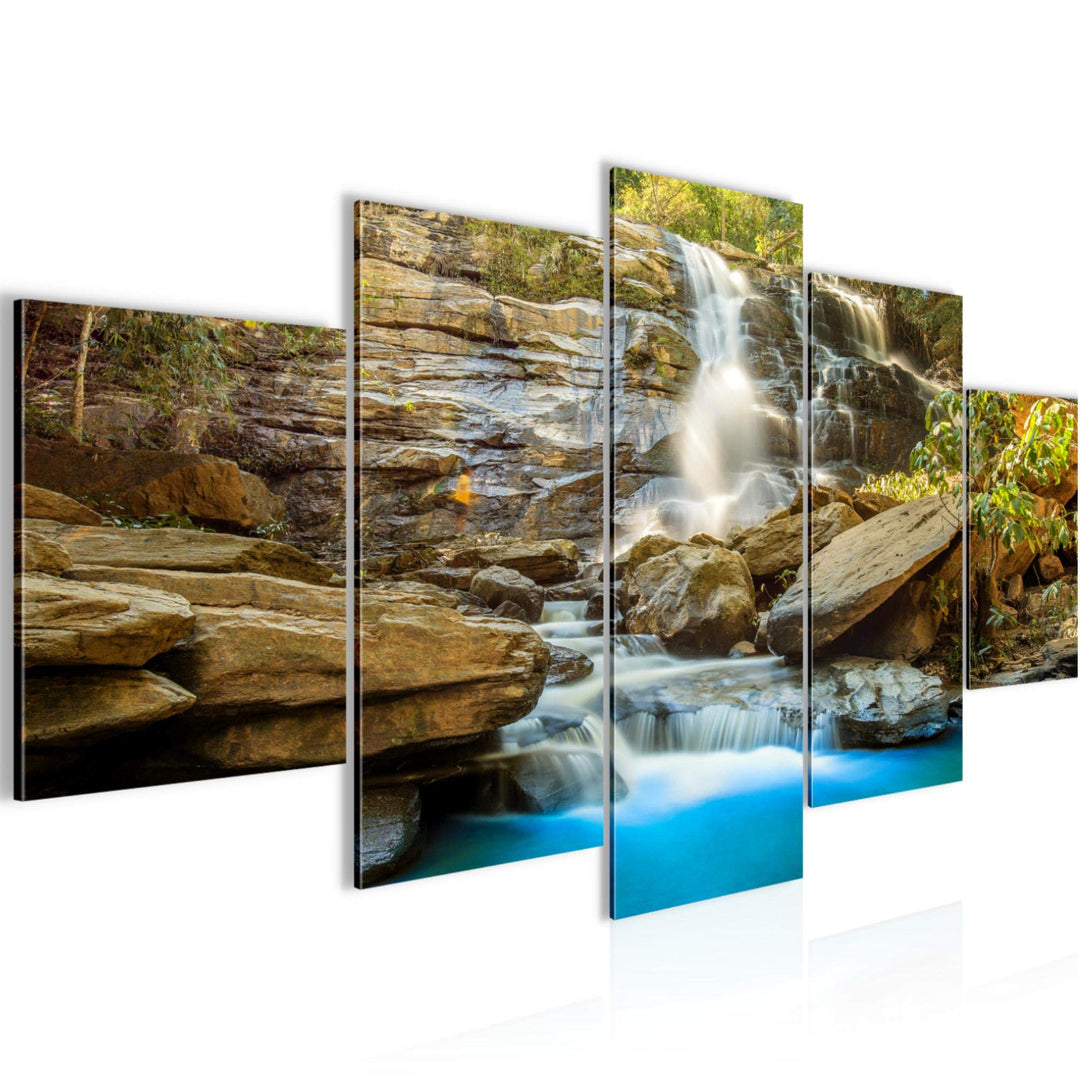 Runa Art Wandbilder Wasserfall 5 Teilig Bild auf Vlies Leinwand Deko Wohnzimmer Schlafzimmer Berge N