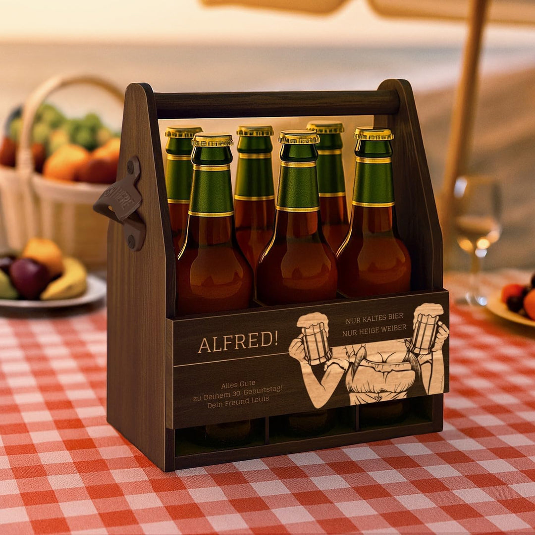 Murrano Bierträger für 6 Flaschen 0,5L mit Gravur - Männerhandtasche mit Flaschenöffner - Grösse: 25