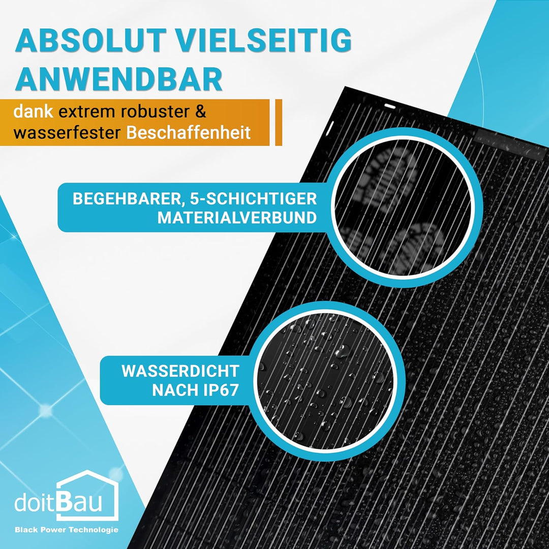 doitBau flexibles Solarmodul 200 W Full-Black mit Rückbox – ultradünn 2 mm, 1,9 kg – 1352 × 770 mm f