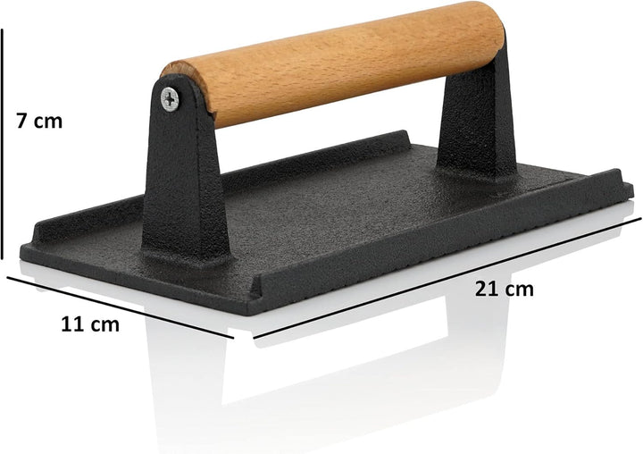 BBQ-Toro 4er Set Gusseisen Fleischbeschwerer 1 kg | 21 x 11 cm | Burger Grillgewicht mit Holzgriff,