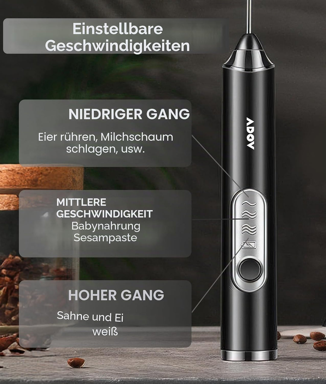 ADOV Milchaufschäumer, Edelstahl Elektrisch Milchschäumer Stab Schneebesen, Wiederaufladbar Batterie
