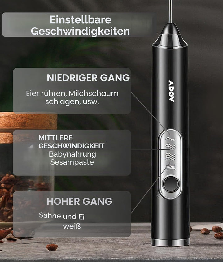 ADOV Milchaufschäumer, Edelstahl Elektrisch Milchschäumer Stab Schneebesen, Wiederaufladbar Batterie