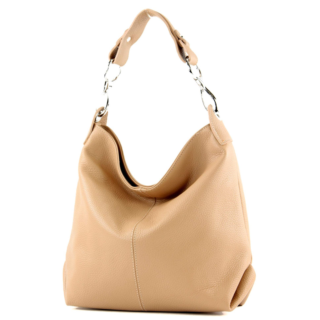modamoda de - T168 - ital. Schultertasche Henkeltasche aus Leder Beige, Beige