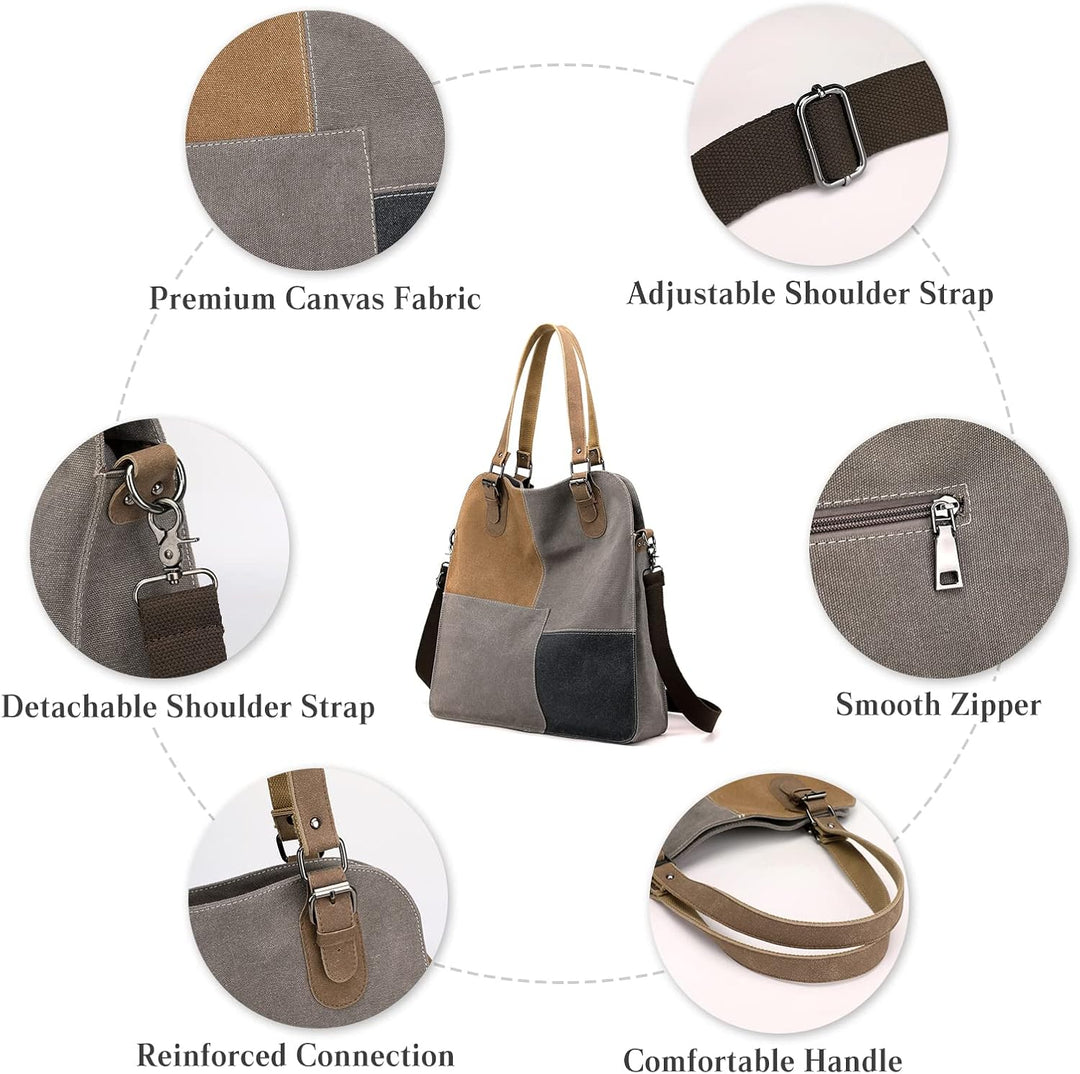 PORRASSO Retro Umhängetasche Canvas Schultertasche Damen Handtasche Gross Hobo Tasche Crossbody Bag