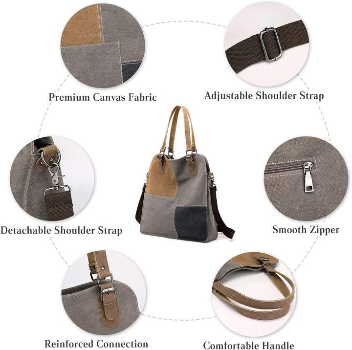 PORRASSO Retro Umhängetasche Canvas Schultertasche Damen Handtasche Gross Hobo Tasche Crossbody Bag