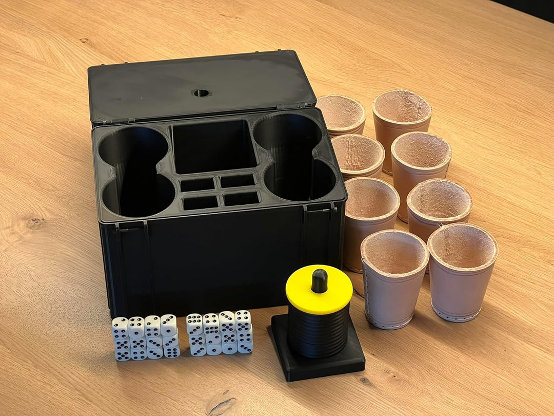 Selfmade Schockbesteck mit Box + Würfel + Becher - Knobelbesteck Schocken Knobeln (Schock Achter, Ge