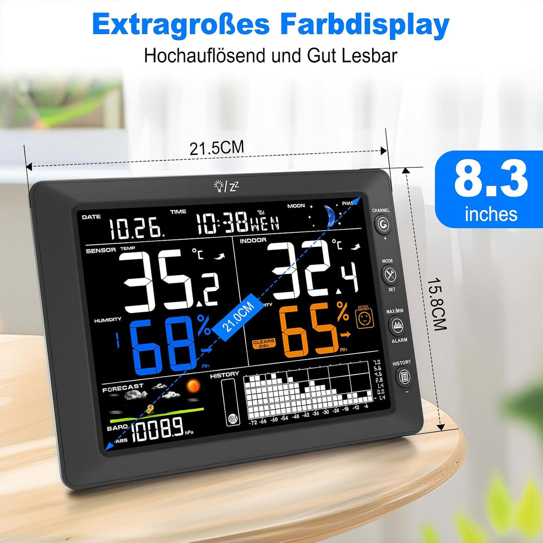 Urageuxy Wetterstation Funk mit Aussensensor, 8,3 Zoll VA-Farbdisplay, DCF Funkuhr, Wettervorhersage