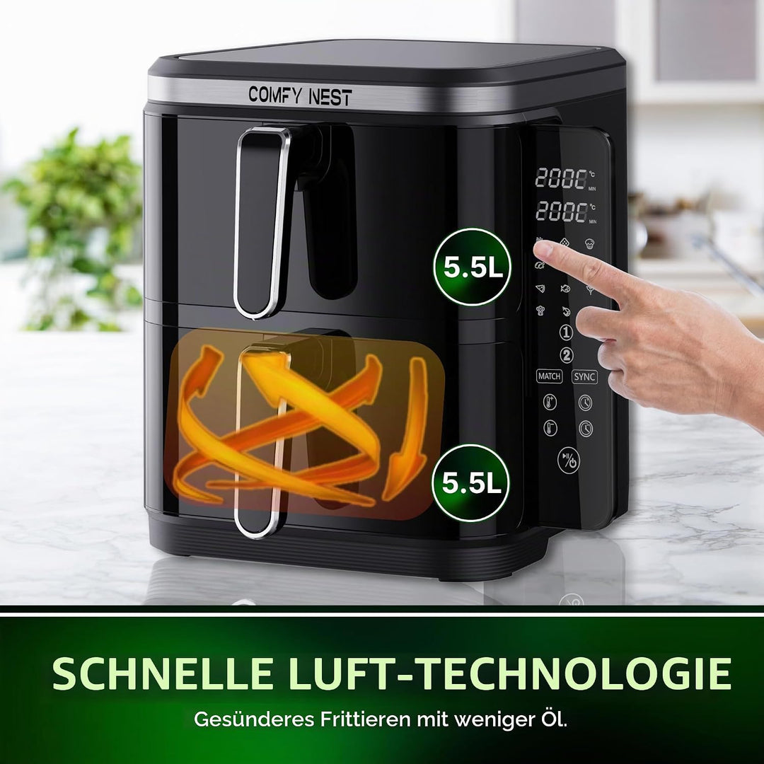 Comfy Nest, 11-Liter-Doppelkorb-Luftfritteuse, Heissluftfritteuse, gleichzeitiges Kochen, digitaler