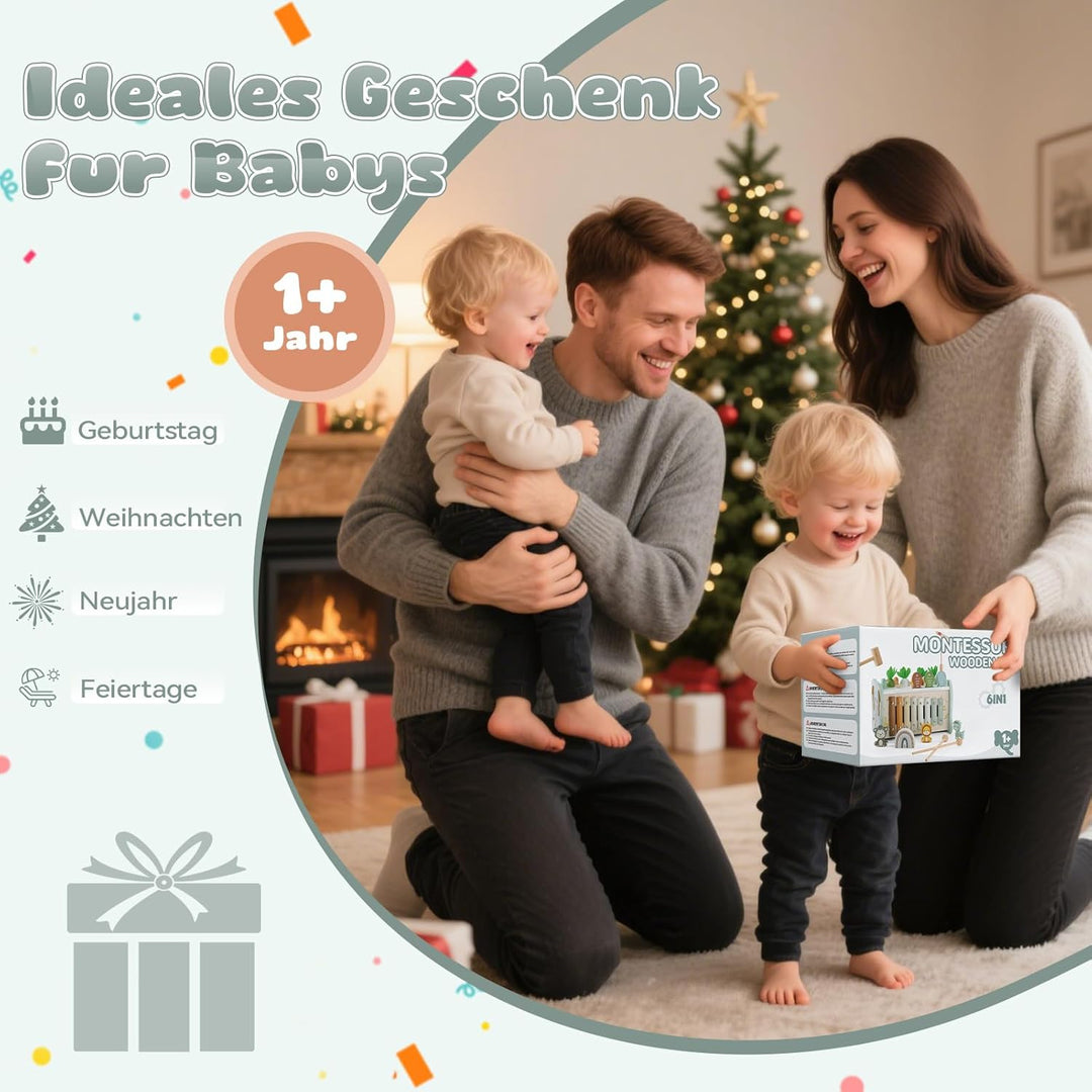 Montessori Spielzeug ab 1 Jahr, 6 in 1 Holzspielzeug ab 1 Jahr, Motorikspielzeug mit Hammerspiel Ang