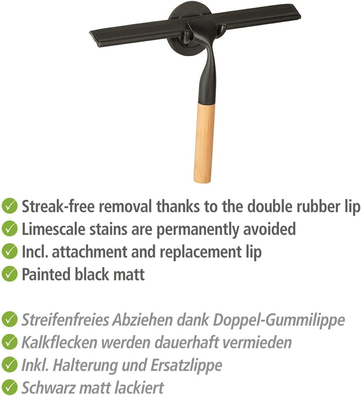 WENKO Turbo-Loc® Badezimmerwischer Bambusa aus Bambus und Edelstahl 24,3 x 17 x 3,5 cm Schwarz, 24,3