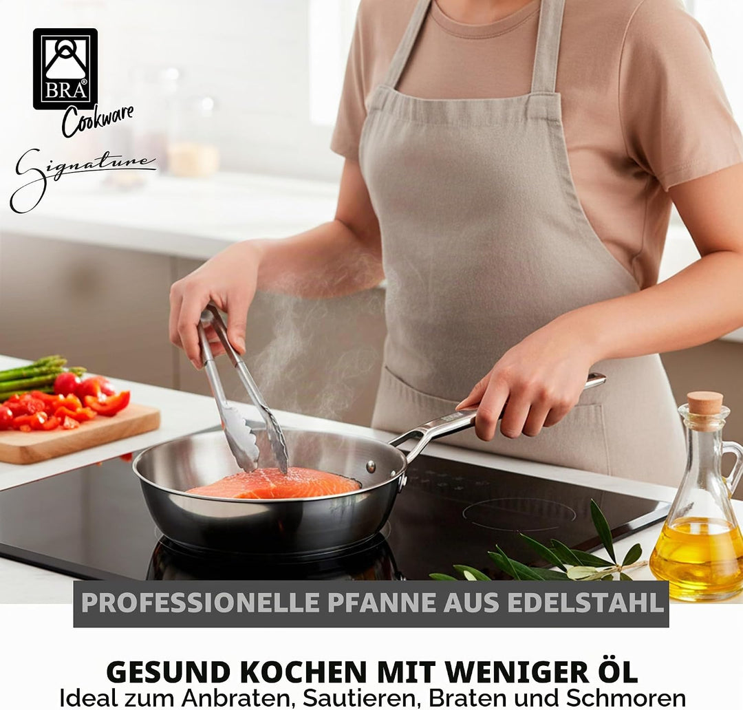 BRA Signature | Tiefe 24-cm-Pfanne, Edelstahl 18/10 | Ohne Antihaftbeschichtung, dreifacher Diffusor