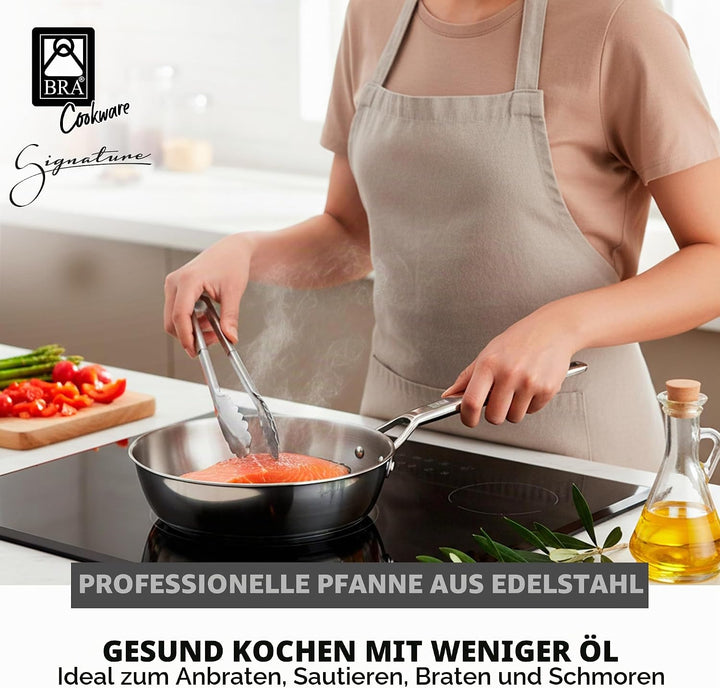 BRA Signature | Tiefe 24-cm-Pfanne, Edelstahl 18/10 | Ohne Antihaftbeschichtung, dreifacher Diffusor