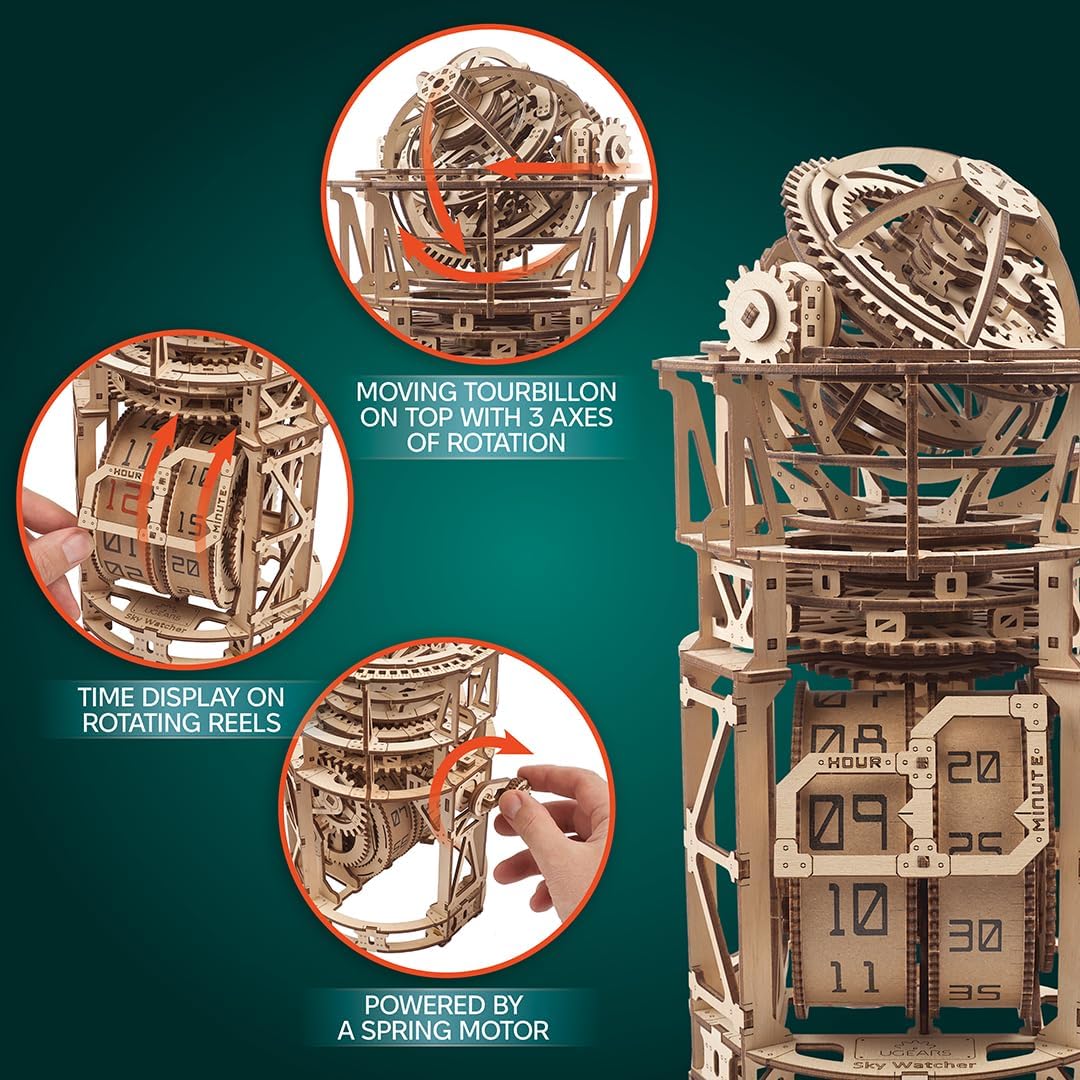 UGEARS Sky Watcher Schreibtischuhr – Vatertagsgeschenk, astronomische Tischuhr, Holzmodellbausätze f
