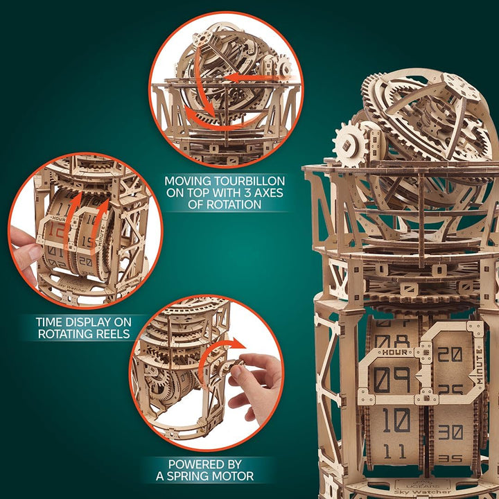UGEARS Sky Watcher Schreibtischuhr – Vatertagsgeschenk, astronomische Tischuhr, Holzmodellbausätze f