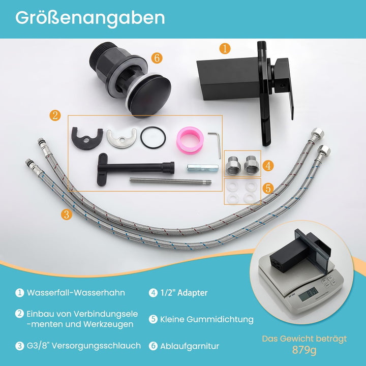Wasserhahn Bad,Wasserfall Armatur Badezimmer Glas,Schwarz Schwarz Xs, Schwarz Xs