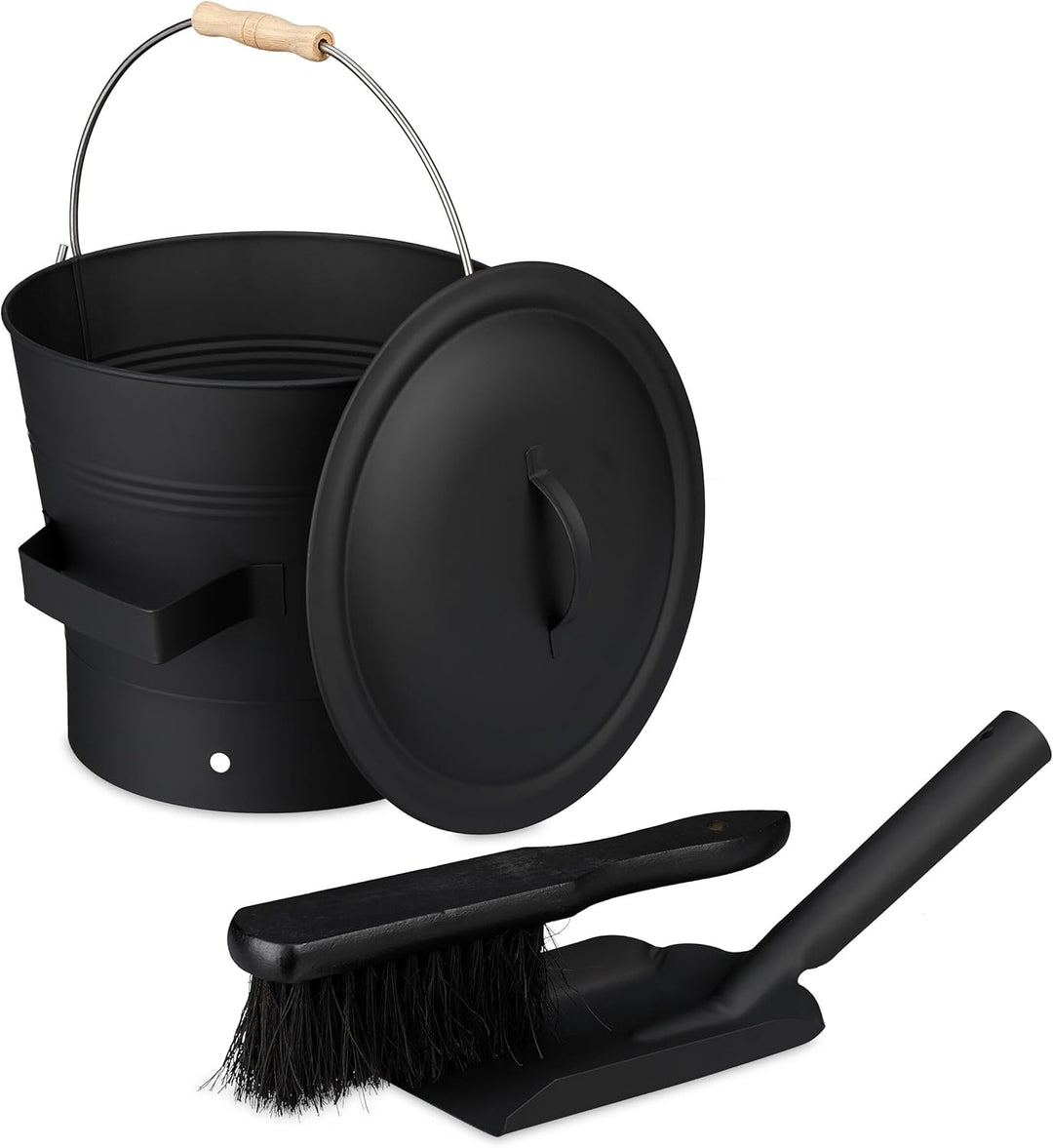 Relaxdays Ascheeimer mit Deckel und Kehrset, 7,5 L, inkl. Aschebesen & Kaminschaufel, Aschebehälter