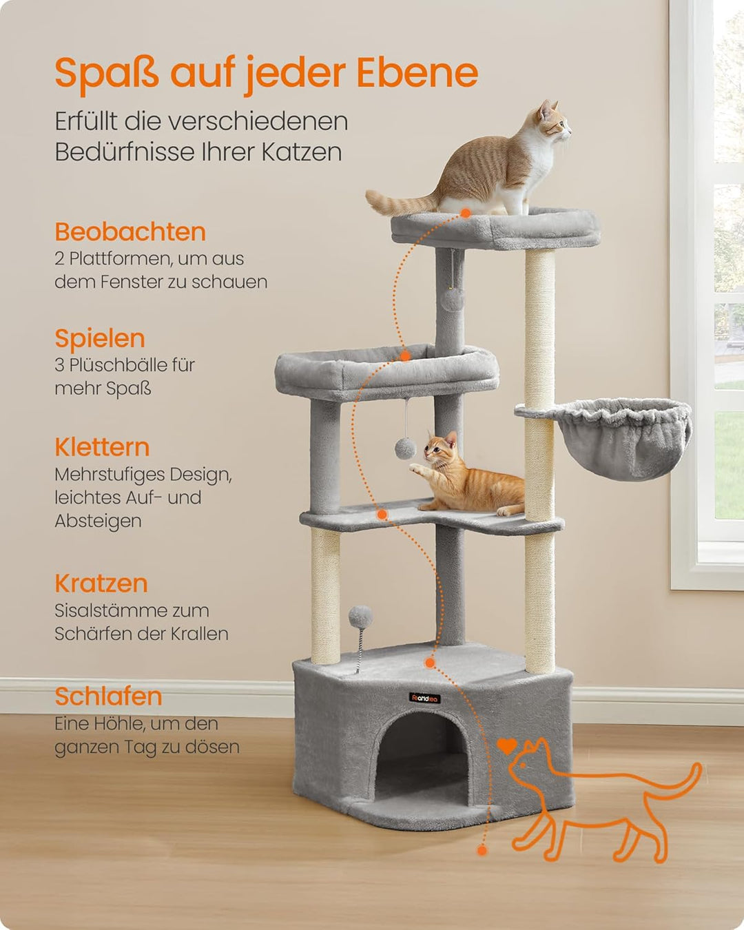 Feandrea Kratzbaum, Katzenbaum, 48,5 x 48,5 x 140,7 cm, Katzenkratzbaum mit grosser Kuschelhöhle, gr