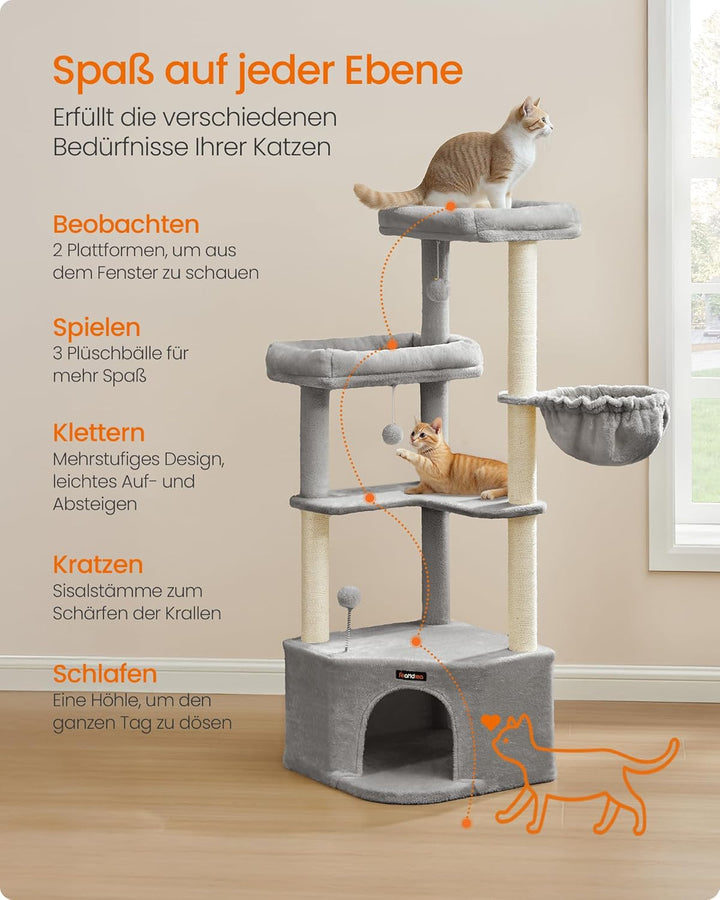 Feandrea Kratzbaum, Katzenbaum, 48,5 x 48,5 x 140,7 cm, Katzenkratzbaum mit grosser Kuschelhöhle, gr