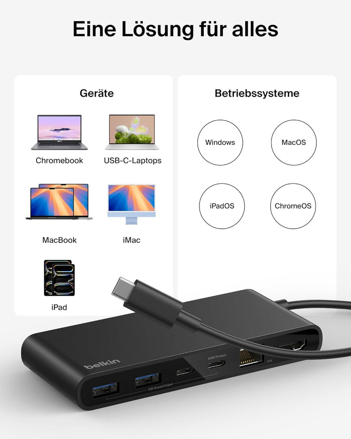Belkin Connect 8-in-1 USB C Hub, Bildschirmauflösungen bis zu 4K bei 60 Hz – geeignet für Mac-, Wind
