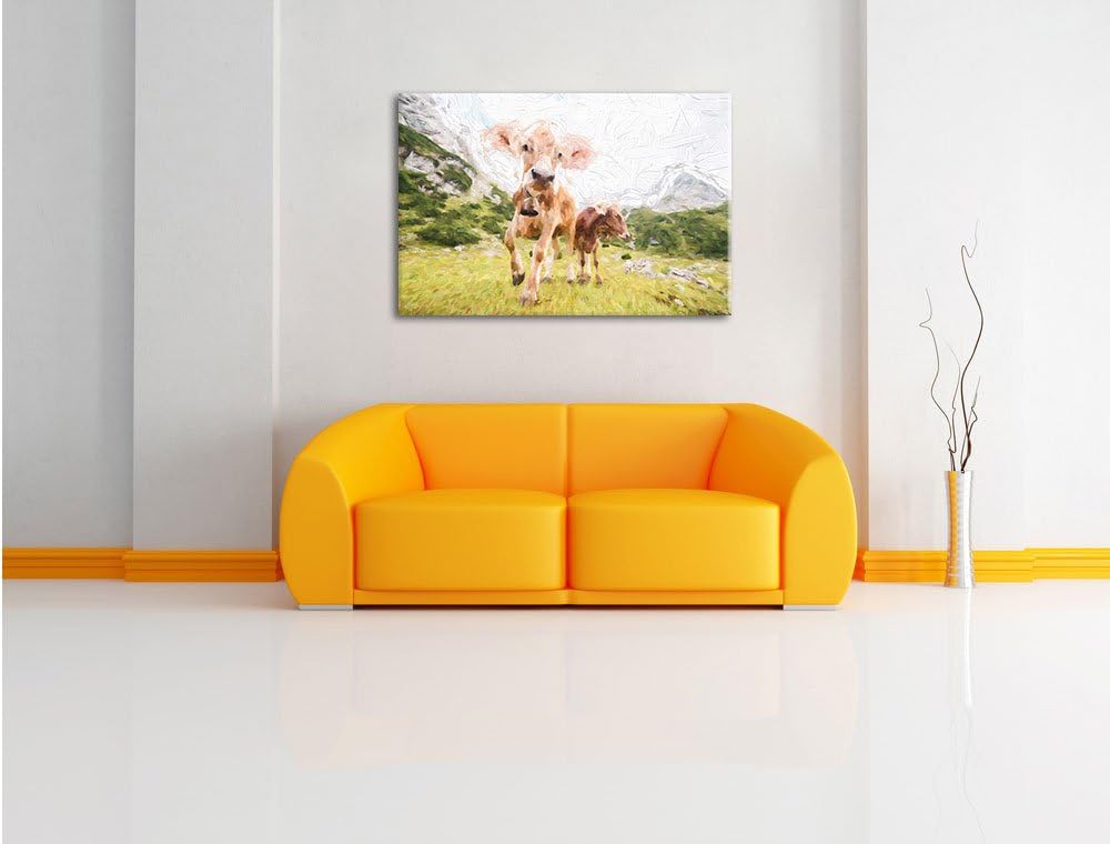 Pixxprint Almkuh auf der Weide Kunst als Leinwandbild/Grösse: 100x70 / Wandbild/Kunstdruck/fertig be