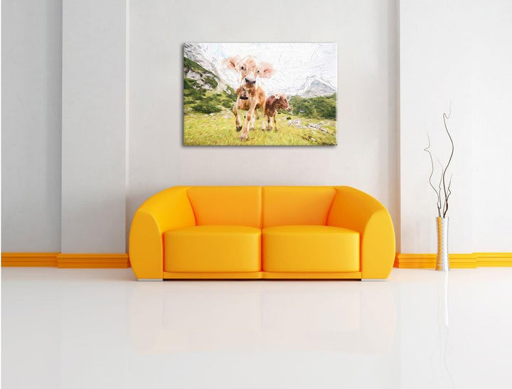 Pixxprint Almkuh auf der Weide Kunst als Leinwandbild/Grösse: 100x70 / Wandbild/Kunstdruck/fertig be