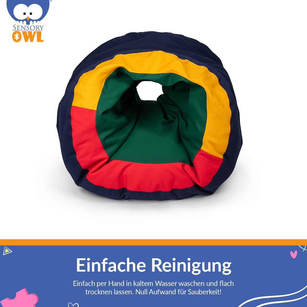 Sensory Owl Sensorischer Tunnel Pouf Mit Füllung 2in1 Für Kinder 90 x 70 cm Sitzkissen Sinnestunnel