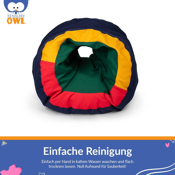 Sensory Owl Sensorischer Tunnel Pouf Mit Füllung 2in1 Für Kinder 90 x 70 cm Sitzkissen Sinnestunnel