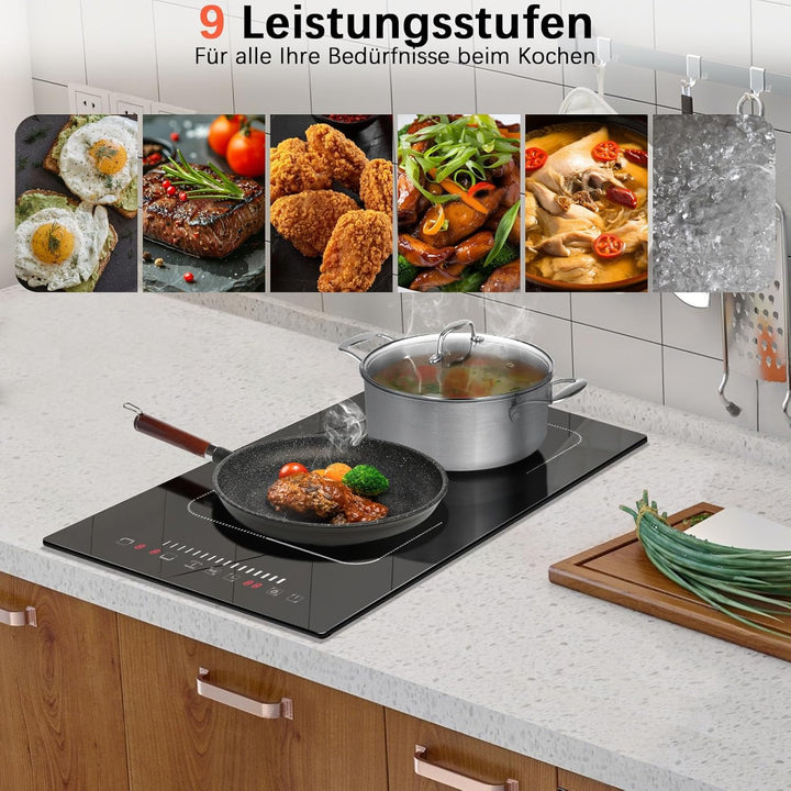 Karinear Induktionsfeld 30cm Flexzonen mit Stecker, Induktionskochfeld 2 Platten Einbau, Induktion K