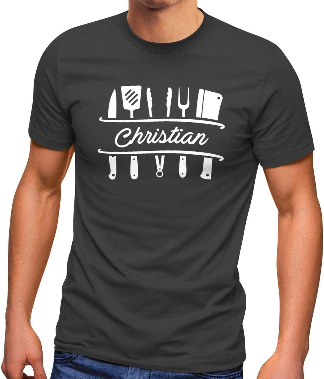 Herren T-Shirt Grillen personalisiert eigener Name Grillbesteck Geburtstag Geschenk für Männer, S