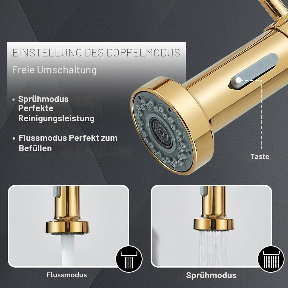 Cesinkin Küchenarmatur, goldfarben, 360 °, Küchenarmatur, mit 2 Sprühmodi, Mischbatterie, Küche, Ein
